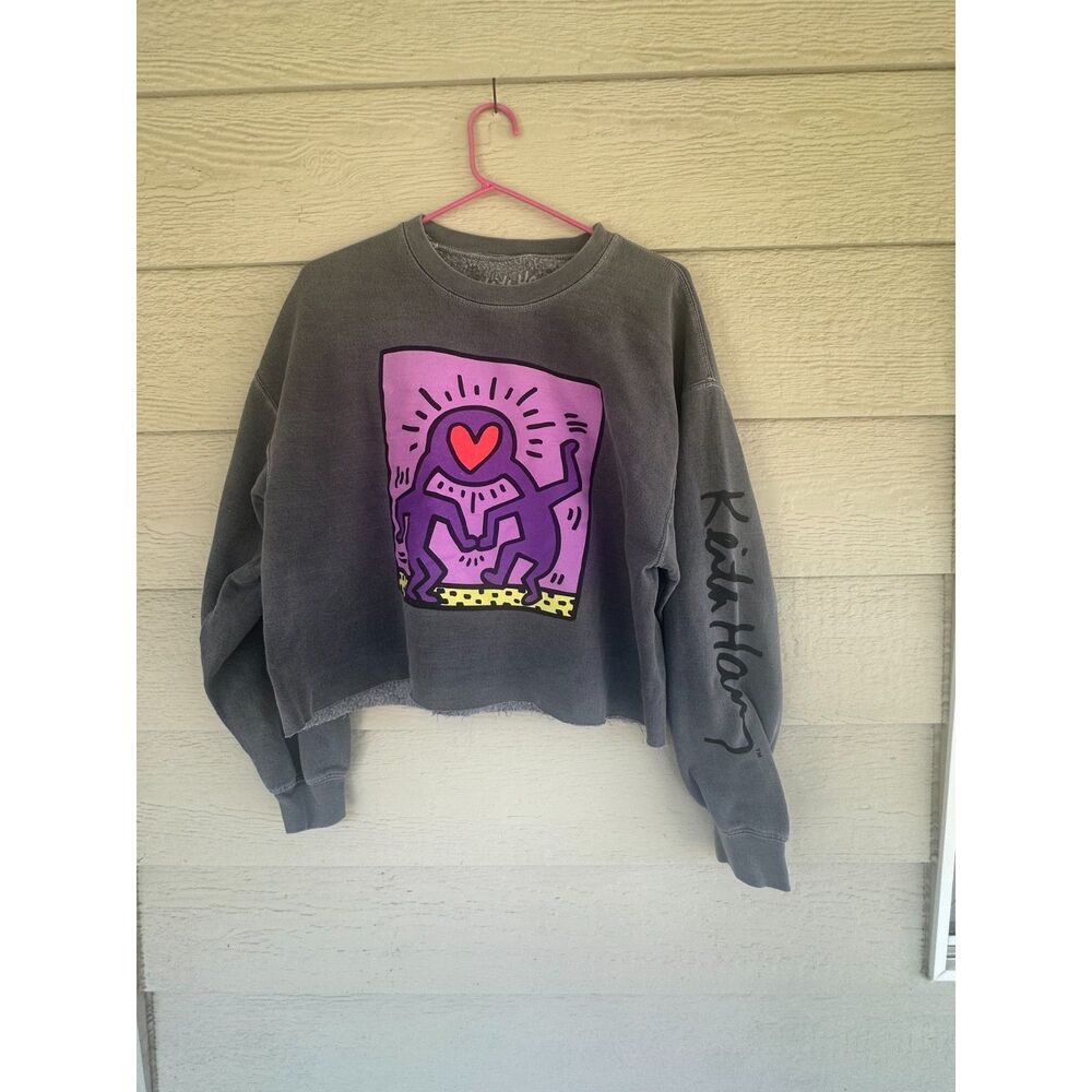 Keith Haring by Goodie Two Sleeves Women's Crop Sweatshirt Gray Purple Size M/L